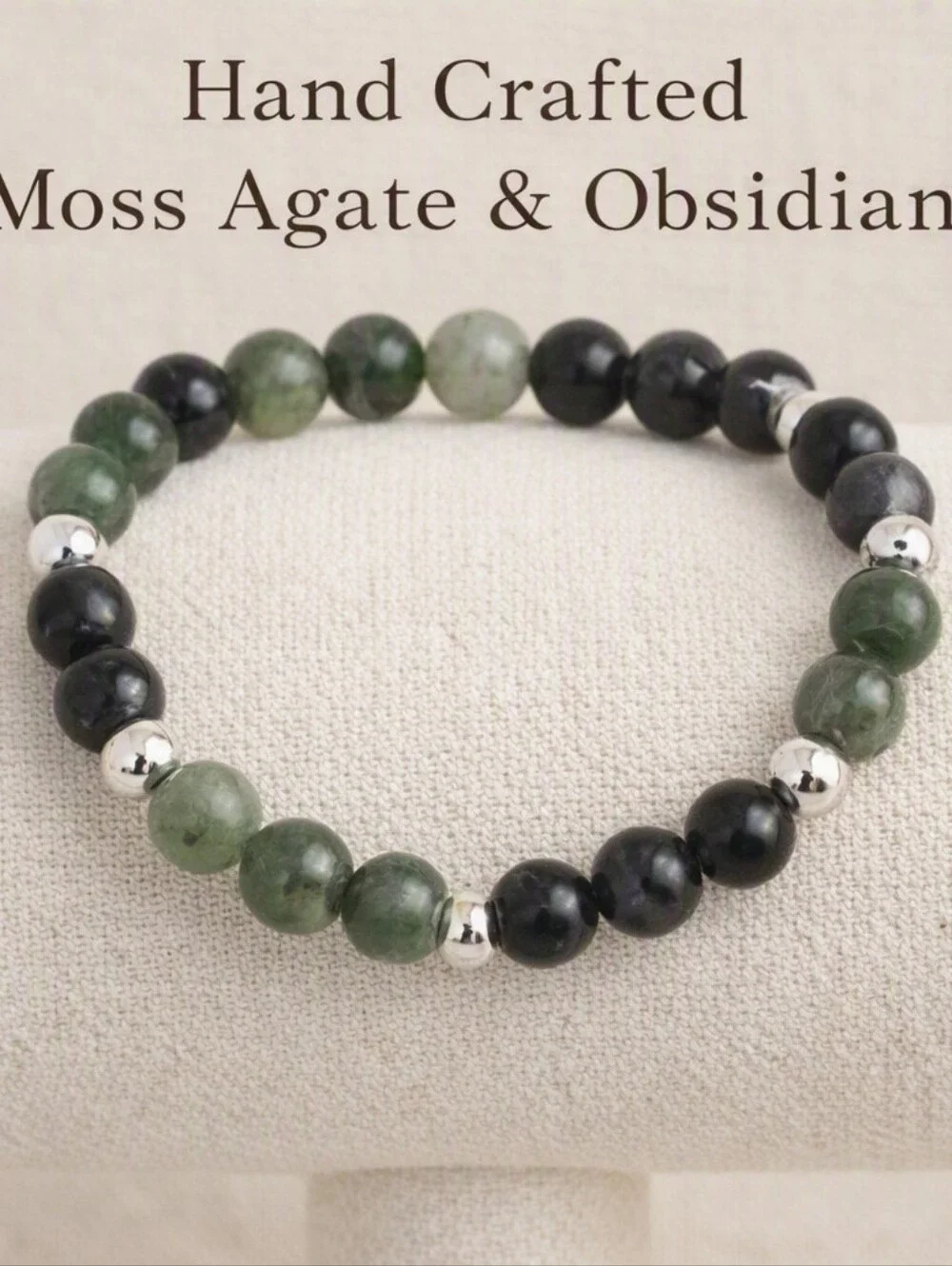 Handcrafted Moss Agate & Obsidian Bracelet | Natural Gemstone Boho Chic 701
